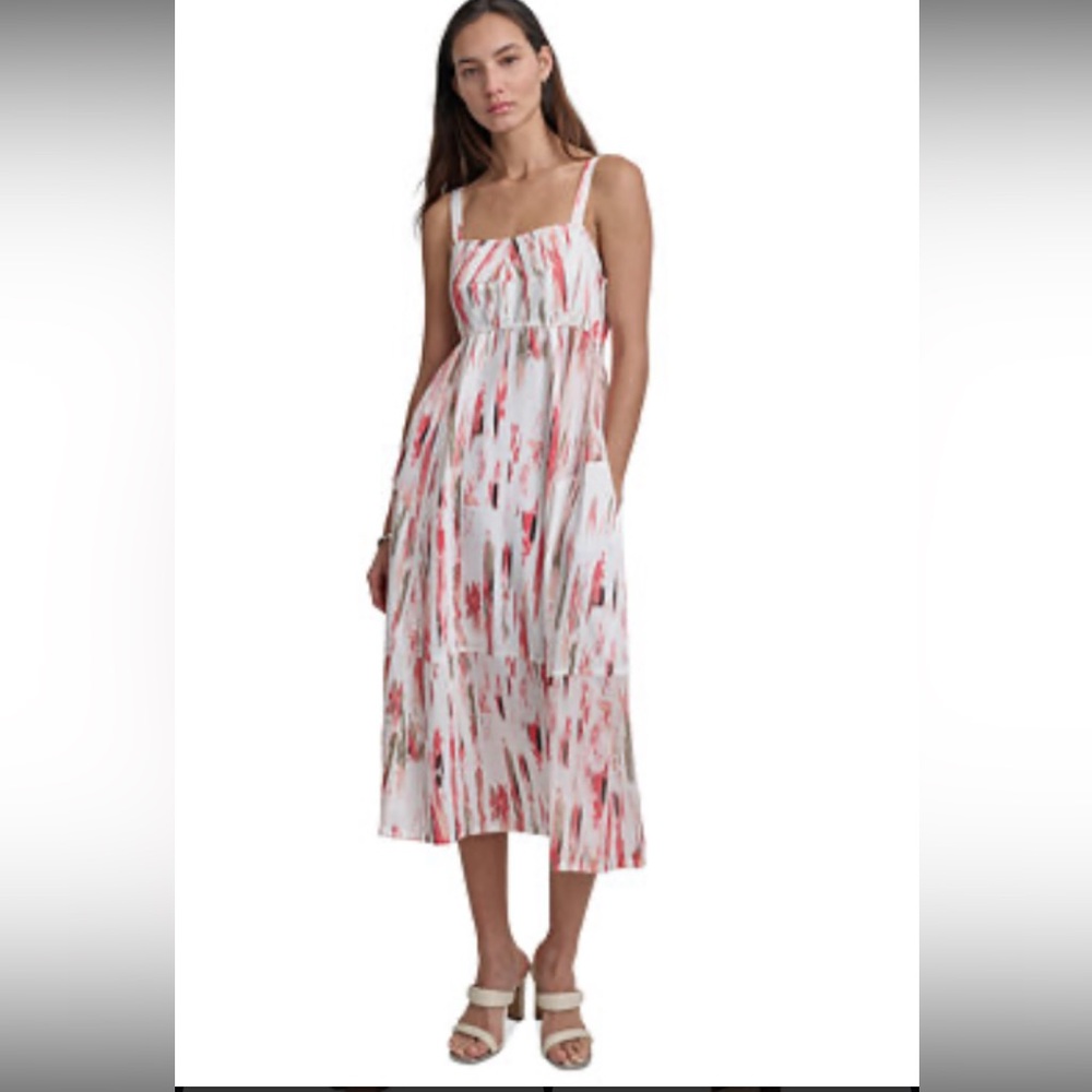 DKNY- printed paneled midi-dress w/pockets, 
Zipper on back, adjustable straps